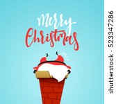 Santa Claus cartoon christmas character, stuck in the chimney of the fireplace. Santa Claus funny and cute in flat style. Christmas cards and banners. Vector Illustration