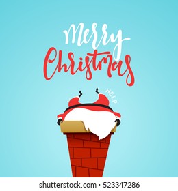 Santa Claus cartoon christmas character, stuck in the chimney of the fireplace. Santa Claus funny and cute in flat style. Christmas cards and banners. Vector Illustration