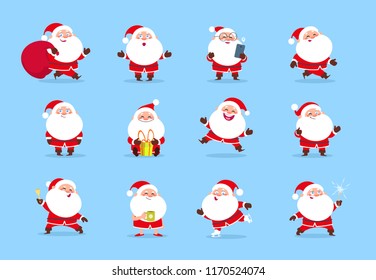 Santa claus. Cartoon christmas fun character set for winter holiday greeting card. Santa vector collection. Illustration of happy claus, santa christmas costume