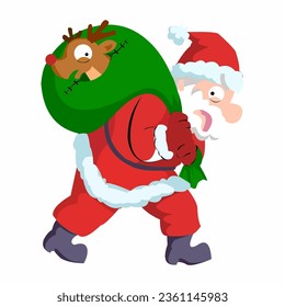 Santa claus cartoon Christmas illustrations isolated on white. Funny happy Santa Claus character with gift, bag with presents, waving and greeting. For Christmas cards, banners, tags and labels.