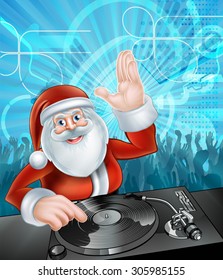 Santa Claus cartoon Christmas party DJ with at the record decks with dancing crowd in the background