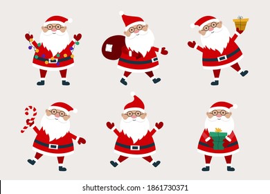 Santa Claus cartoon collection with gifts, bag, candy cane, and garland. Can be used for Christmas cards, poster, stickers and etc