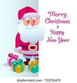 Santa Claus cartoon in flat style. Santa Claus stand and smile. Vector illustration for retro Christmas card isolated in white background. Merry Christmas and Happy New Year. White placard background 