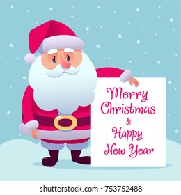 Santa Claus cartoon in flat style. Santa Claus stand and smile. Vector illustration for retro Christmas card isolated in white background. Merry Christmas and Happy New Year. White placard background 