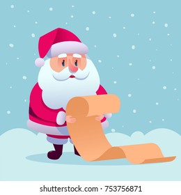 Santa Claus cartoon in flat style. Santa Claus stand and smile. Vector illustration for retro Christmas card isolated in snow background. Cute Father Frost Vector illustration. Merry Christmas.