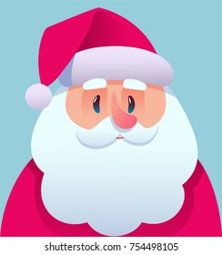 Santa Claus cartoon in flat style. Face Santa Claus smile. Vector illustration for retro Christmas card isolated in snow background. Merry Christmas and Happy New Year. Head. Santa's message banner