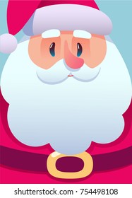 Santa Claus cartoon in flat style. Face Santa Claus smile. Vector illustration for retro Christmas card isolated in snow background. Merry Christmas and Happy New Year. Head. Santa's message banner