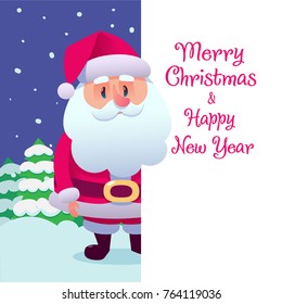 Santa Claus cartoon in flat style. Santa Claus stand and smile. Vector illustration for retro Christmas card isolated in snow background. Merry Christmas and Happy New Year. White placard, poster 