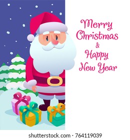 Santa Claus cartoon in flat style. Santa Claus stand and smile. Vector illustration for retro Christmas card isolated in snow background. Merry Christmas and Happy New Year. White placard, poster 