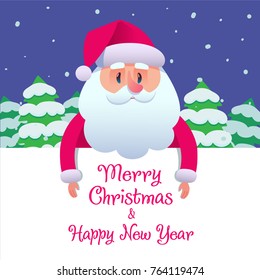 Santa Claus cartoon in flat style. Santa Claus stand and smile. Vector illustration for retro Christmas card isolated in snow background. Merry Christmas and Happy New Year. White placard, poster