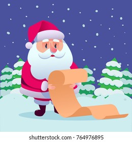 Santa Claus cartoon in flat style. Santa Claus stand and smile and keeps a list of gifts. Vector illustration for retro Christmas card isolated in snow background. Merry Christmas.