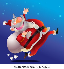 Santa Claus cartoon happy say hi carrying sack full of gifts. Santa Claus Cartoon Character Showing Merry Christmas.Santa Claus with a raised hand.