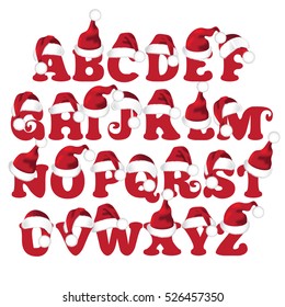 Santa Claus cartoon hat font alphabet for Christmas designs. Capital letters A through Z. EPS 10 vector.