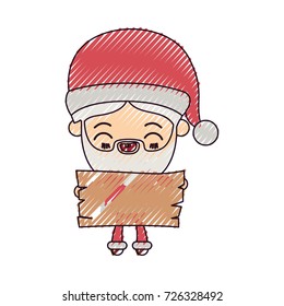 santa claus cartoon holding a wooden piece with face expression smiling on color crayon silhouette on white background vector illustration