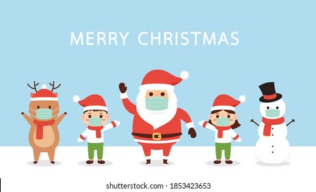 Santa Claus cartoon. Kids wearing Christmas costumes. Social distancing poster. Face mask.