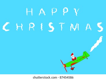 Santa Claus  in a cartoon plane Sky Writing Happy Christmas suitable for Greeting Card or Gift Wrap