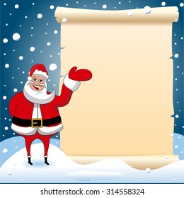 Santa claus cartoon presenting blank parchment against snowy background