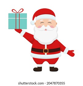 Santa Claus cartoon in red christmas hat with gift box in hand icon isolated on white background