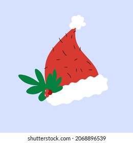 Santa Claus cartoon red hat in flat style isolated on blue background. Happy New Year 2022 symbol decoration template. Merry Christmas clothes holiday vector illustration elements for design EPS