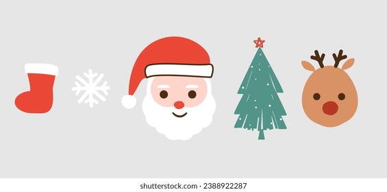 Santa Claus cartoon, red sock, snowflake, Christmas tree and reindeer icon sign on grey background vector.