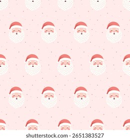 Santa Claus in cartoon style, with a thick white beard, wearing a red and white Santa Claus hat, with a smiling face. Background: light pink, looks warm and sweet, small white and pink dots like falli
