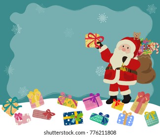 Santa Claus cartoon vector. Santa Claus coming with a lot of presents on snowing background. Christmas vector frame. Cute Christmas card.