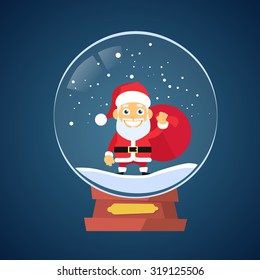 Santa Claus Cartoon Wish Glass Ball Christmas Holiday Winter Snow Flat Vector Illustration