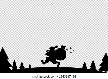 Santa Claus cary big bag gift  walking in snow surrounded by Christmas tree isolated  on png or transparent  background, space for text, sale banner template , New Year, luxury card, vector 