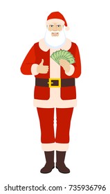 Santa Claus with cash money showing thumb up. Full length portrait of Santa Claus in a flat style. Vector illustration.