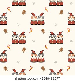O desenho animado do gato do Papai Noel é tão bonito. No fundo de biscoitos de gengibre de pegada de cana-de-açúcar. Ilustração de vetor uniforme de padrão. 