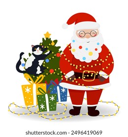Santa Claus with Cat, Christmas tree, gift boxes in flat style. Vector illustration isolated for holiday designs of banner, cover, advertisement, greeting card. Concept of Christmas and New Year