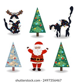 Santa Claus with Cat, Christmas tree, gift boxes in flat style. Vector illustration isolated for holiday designs of banner, cover, advertisement, greeting card. Christmas and New Year Concept