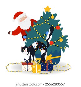 Santa Claus with Cat, Christmas tree, gift boxes in flat style. Vector illustration isolated for holiday designs of banner, cover, advertisement, greeting card. Concept of Christmas and New Year