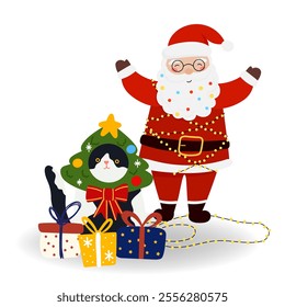 Santa Claus with Cat, Christmas tree, gift boxes in flat style. Vector illustration isolated for holiday designs of banner, cover, advertisement, greeting card. Concept of Christmas and New Year