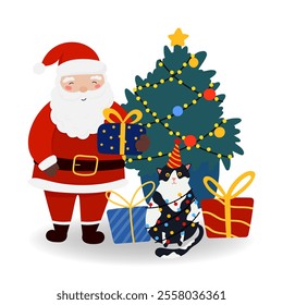 Santa Claus with Cat, Christmas tree, gift boxes in flat style. Vector illustration isolated for holiday designs of banner, cover, advertisement, greeting card. Concept of Christmas and New Year