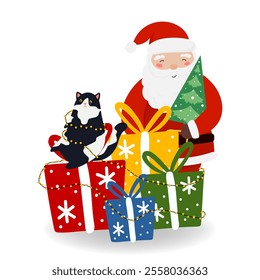 Santa Claus with Cat, Christmas tree, gift boxes in flat style. Vector illustration isolated for holiday designs of banner, cover, advertisement, greeting card. Concept of Christmas and New Year