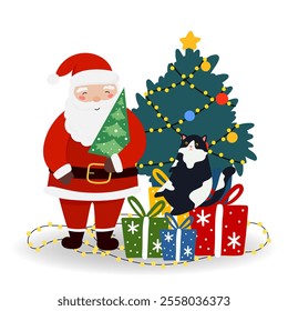 Santa Claus with Cat, Christmas tree, gift boxes in flat style. Vector illustration isolated for holiday designs of banner, cover, advertisement, greeting card. Concept of Christmas and New Year