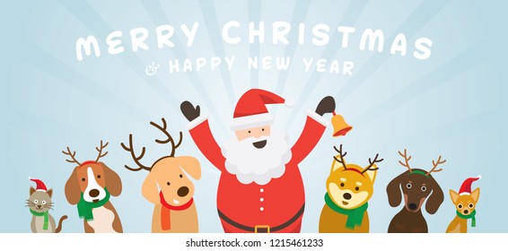 Santa Claus with Cat and Dogs, Christmas, Winter and New Year Celebration