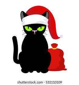 Santa Claus Cat. Pet in Christmas hat. Red bag with gifts. New Year illustration. Xmas template of cute black kitty