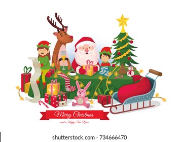 Santa Claus celebrates Christmas with a deer and elves. table with gifts. christmas symbols. sled with a bag. festive mood, vector