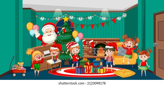 Santa Claus celebrating Christmas with children at home illustration