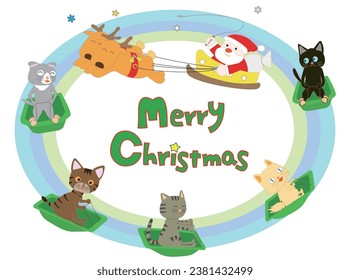 Santa Claus celebrating Christmas with his cats having fun doing winter sports.