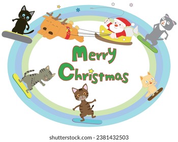 Santa Claus celebrating Christmas with his cats having fun doing winter sports.
