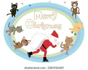 Santa Claus celebrating Christmas with his cats having fun doing winter sports.