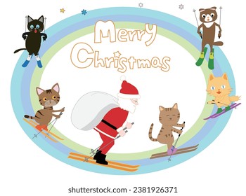 Santa Claus celebrating Christmas with his cats having fun doing winter sports.