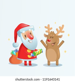 Santa Claus celebrating with his reindeer friend. Cartoon Christmas card. Colorful flat vector illustration. Isolated on blue background.