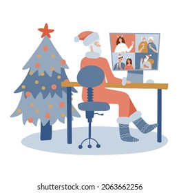 Santa Claus celebrating holiday online. Father Christmas with laptop checks emails. Grandfather sitting at desk and working. Interior with xmas tree. Flat vector illustration