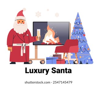 Santa Claus celebrating luxury Christmas scene with champagne beside digital fireplace and decorated tree gifts cozy chair festive atmosphere