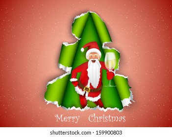 Santa Claus with champagne in a Christmas tree