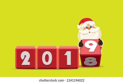 Santa Claus changing date from 2018 to 2019 rotating cubes with numbers isolated on a yellow background